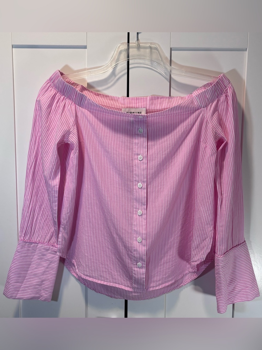 Highline Collective 100% Cotton Pink White Stripe Off Shoulder Button Up Top S